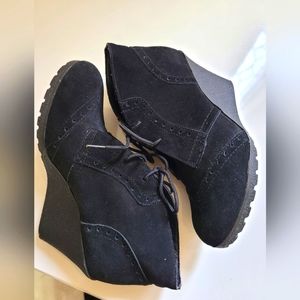 MIA black suede wedge tie booties